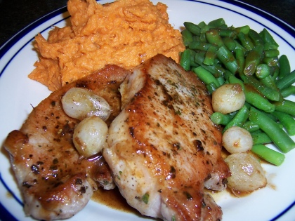 Pork Chops and Mashed Yams with Apple Juice Gravy and Green Beans